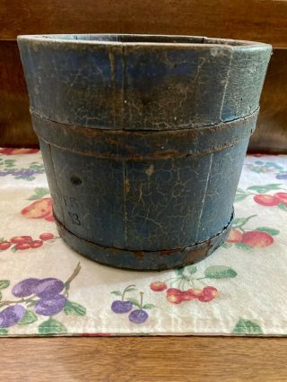 Early Primitive Antique Wooden Staved Painted Bucket Blue Metal Banded Pail
