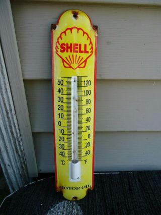 Old Vintage 1950s Shell Motor Oil Thermometer Porcelain Gas Station Sign