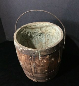 Antique Primitive Wood Wooden Paint Bucket Pail With Handle