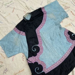 Antique Chinese Embroidered Blue Silk Cheongsam Robe Bat Appliqués Brocade Vtg 2