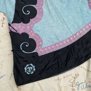 Antique Chinese Embroidered Blue Silk Cheongsam Robe Bat Appliqués Brocade Vtg 3