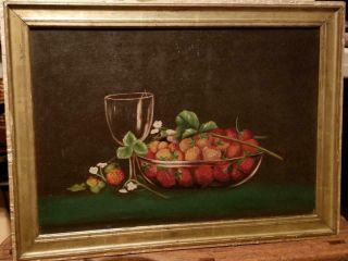 Delightful 19th Century Still Life Oil Painting " Bowl Of Strawberries "