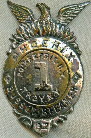 1902 Muster Badge Phoenix Fire Of Poughkeepsie & Bussey Steamer Fire Co,  Troy Ny