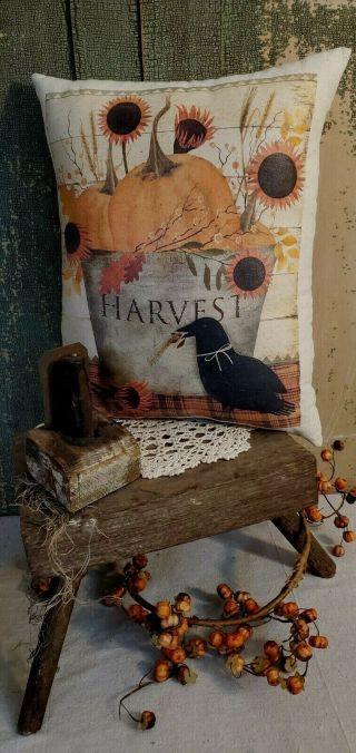 Primitive Vintage Folk Art Homestead Fall Harvest Crow Pumpkins Halloween Pillow