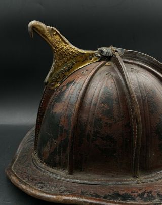 RARE 1890s - 1900s John Olson 183 Grand St NY City High Eagle Leather Fire Helmet 2
