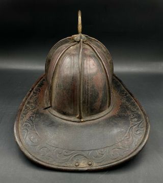 RARE 1890s - 1900s John Olson 183 Grand St NY City High Eagle Leather Fire Helmet 3