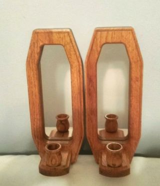 Vintage Pair Oak Wood Wall Hanging Candle Holder Mirrored Solid Wood 12 "