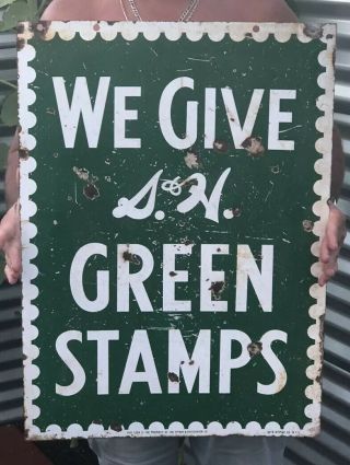 Vintage S&h Green Stamps Porcelain Double Sided Sign.  1951 28”x20”