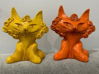 Vtg Mid Century Modern Ceramic Art Pottery Cat Figurines Yellow & Orange