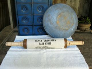 Antique Wood Rolling Pin Cream Milk Paint Grocery Store Sleeve
