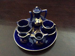 Ceramic Blue & Gold Tea Set - Mini 9 - Pc - Victorian Couple - Vintage Taiwan