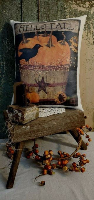 Primitive Vintage Folk Art Homestead Fall Pumpkin Bucket Crow Halloween Pillow