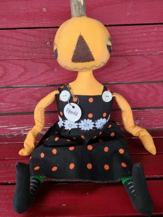 Pamela The Pumpkin Head Happy Halloween Primitive Doll Fall Folk Art Poke Stump