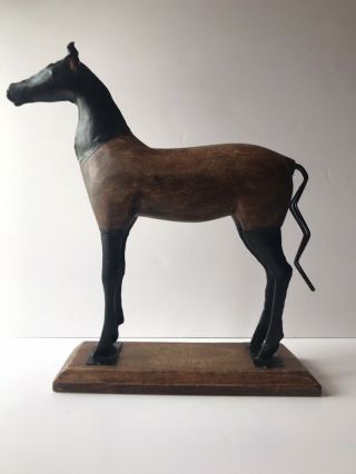 Primitive Metal And Carved Wood Horse On Wood Base