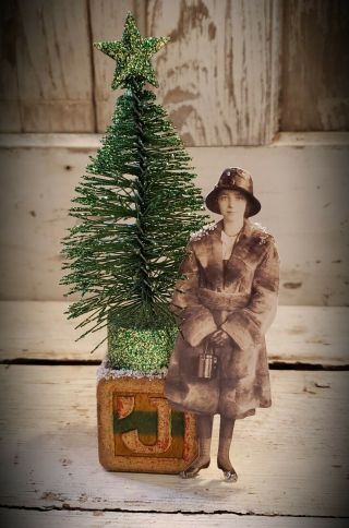 Old Wood Block " J " With Green Glittered Tree & 1900s Girl In Winter Attire 7.  5 "