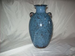 Speckled 2 Tone Blue Double Handled Ceramic Vase 9 1/2 " 002