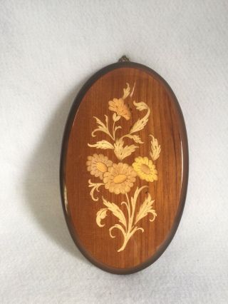 Vintage Retro Italy Marquetry Inlaid Wood Wall Plaque With Flowers 8”x5