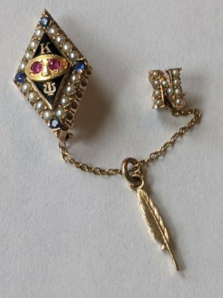 Antique 10k Gold Seed Pearl Sapphire Ruby Kappa Psi Fraternity Pin