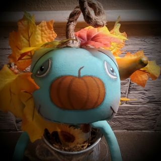Primitive Fall Turquoise Pumpkin Doll In Galvanized Milk Can 1 Of 3 Sunflower