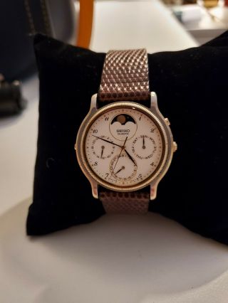 Vintage Mens Seiko Triple Calendar Day Date Moonphase 34mm Wrist Watch 7f39 - 6029