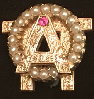 Alpha Omicron Pi Badge 10k Gold Pearls Rubies Vintage Sorority Pin Greek Society