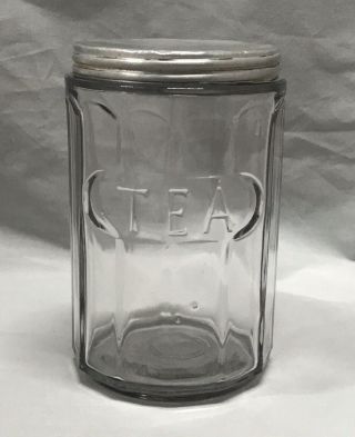 Antique Primitive Hoosier Paneled Glass Tea Canister Jar With Aluminum Lid 1920s