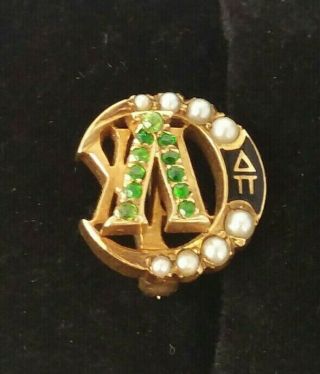 Lambda Chi Alph Fraternity Sorority Pin 14k Gold W/ Pearls Emerald Enamel