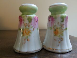 Antique Vintage PORCELAIN Floral Salt/Pepper Shakers Handpainted Pink/Gold/Green 2