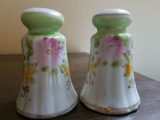 Antique Vintage PORCELAIN Floral Salt/Pepper Shakers Handpainted Pink/Gold/Green 3