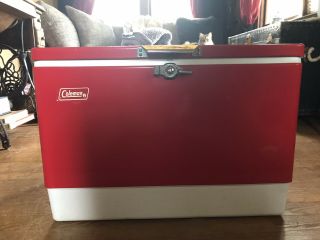 Vintage 1976 Coleman Red Cooler With Metal Handles