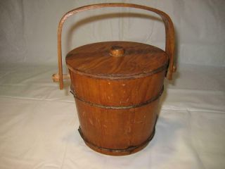 Rare Vintage Small Wood & Wire Pail W/handle And Lid 7.  5 " H X 6 1/2 " W X 5 " D