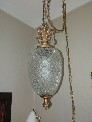 Vintage Fk Gallery Hanging Pineapple Glass Swag Lamp Light Mid Century Large
