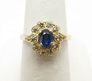Vintage 14k Yellow Gold Sapphire & 1/5ctw Diamond Flower Ring Size 5