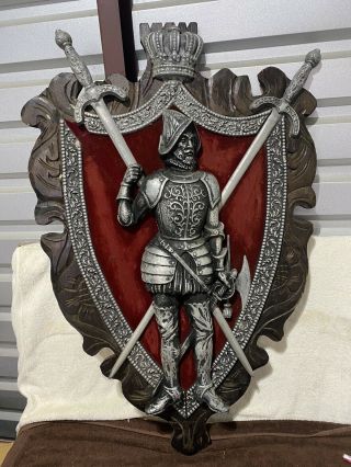 40” Vintage Metal Spanish Knight Decorative Wall Plaque W/2 Swords