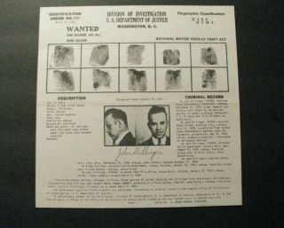 1934 Rare John Dillinger Fbi Wanted Poster – J.  Edgar Hoover