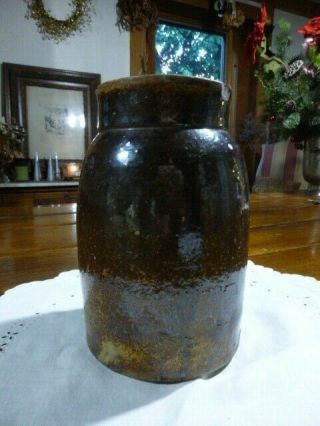 Antique Primitive Brown Glazed Stoneware Crock / Jar 8 " Farmhouse