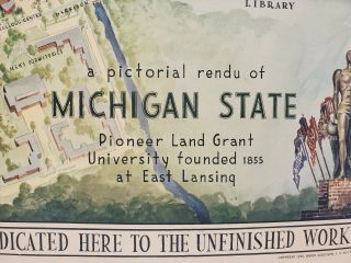 A Pictorial Rendu Map Of Michigan State University 1955 - Rare 3