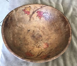 Antique Primitive Large Turned Wooden Bowl 14” Inches Leaf Etchings
