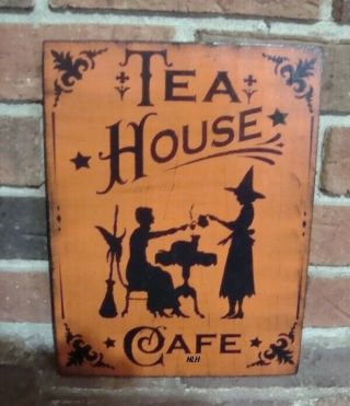 Primitive Style Halloween Wood Sign “tea House Cafe” Hp Bittersweet Orange