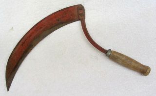 Vintage Primitive Scythe Sickle Blade Hand Tool Wood Handle Antique Garden Art