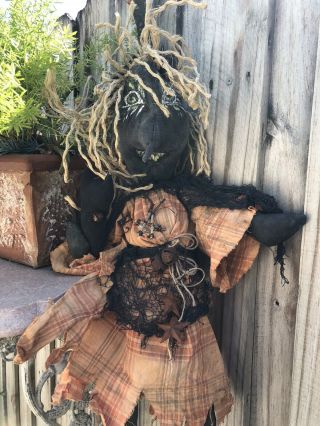 Primitive Halloween Fork Art Witch Doll With Her Cat Hand Made Doll Hagatha 30 "