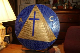 Vintage Cross Pyramid Freemason Glass Mosaic Plaque 21 " Annuit Cœptis Brass Band