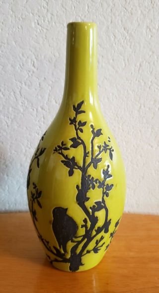 Vintage Ceramic Enamel Lime Green 10 " Art Vase,  Recessed Bird & Tree Limbs
