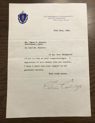 President Calvin Coolidge 1920 Typed Letter Signed As Governor Of Massachusetts
