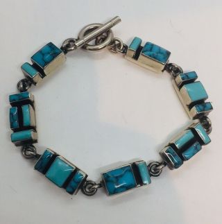 Vintage Navajo Native American Sterling Silver Blue Turquoise Toggle Bracelet
