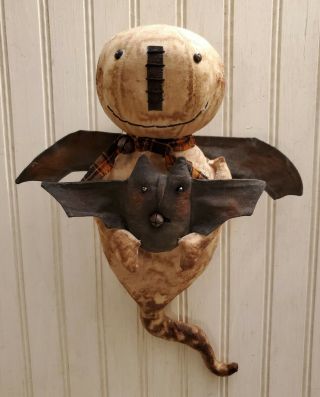 Primitive Grungy Grubby Batty Ghost Halloween Doll & His Bat
