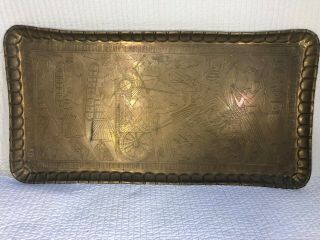 Vintage Large Hand Made Ornate Brass Serving Tray Egyptian Roman Horse Dog 26x13