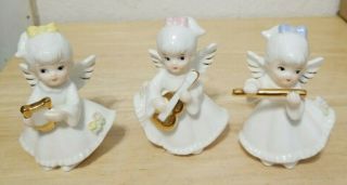 Vintage 3 " Lefton Angel With Harp,  Guitar,  Flute,  Figurines 10948 Set Of 3