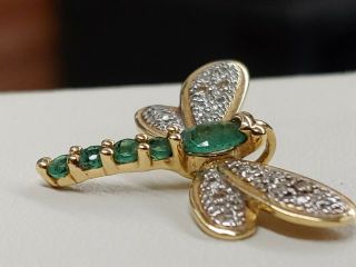 Vintage 14k Yellow Gold Diamond & Emerald Dragonfly Pendant - W/ Dice Or Domino