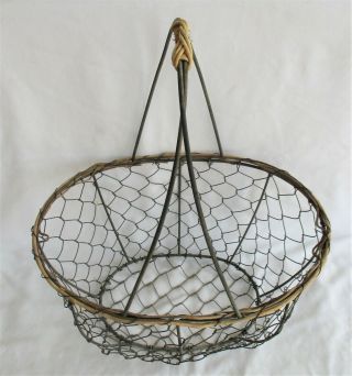 Vintage Primitive Wire Mesh & Wood Twig Egg Basket With Handle
